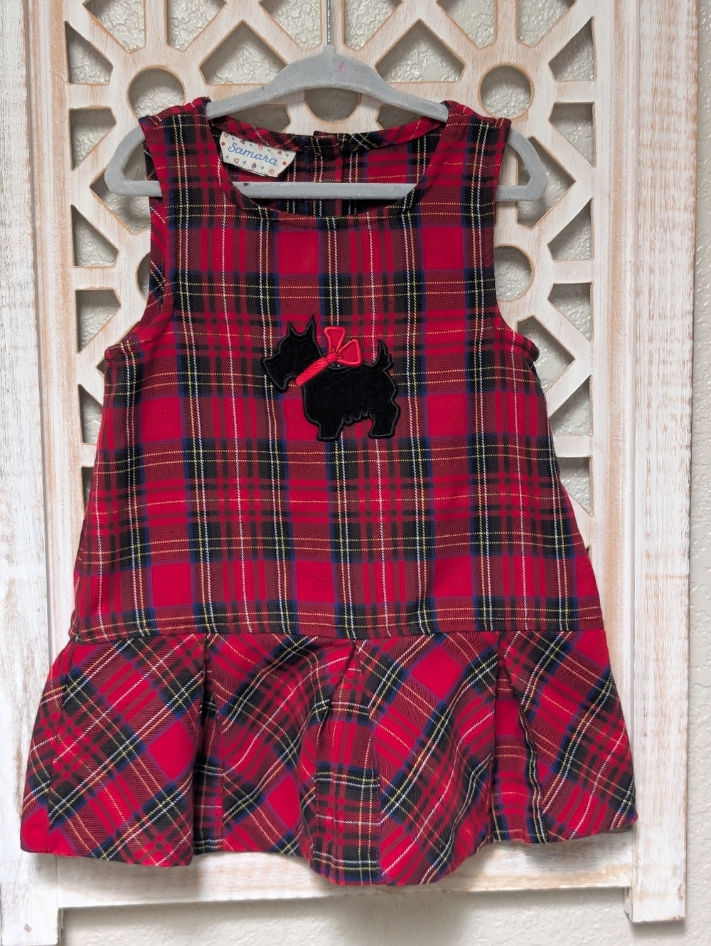 Vintage 90's Samara girls dress 3T red plaid black velvet scotty dog embroidered